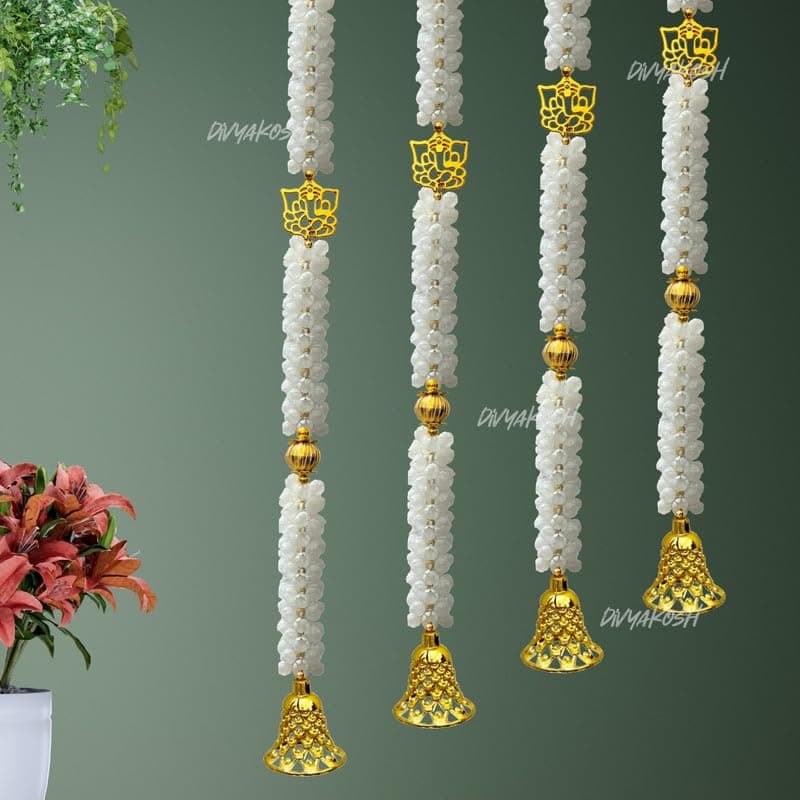 White Mogra Ganeshji & Bells Wall Hanging Strings — Pack of 4 (3.5 Ft)