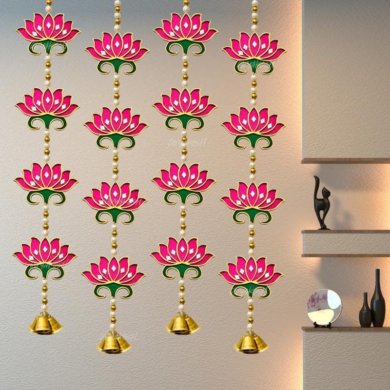 Lotus Bell Door Hangings — Set of 4 Latkans (Pink, 24 Inch)
