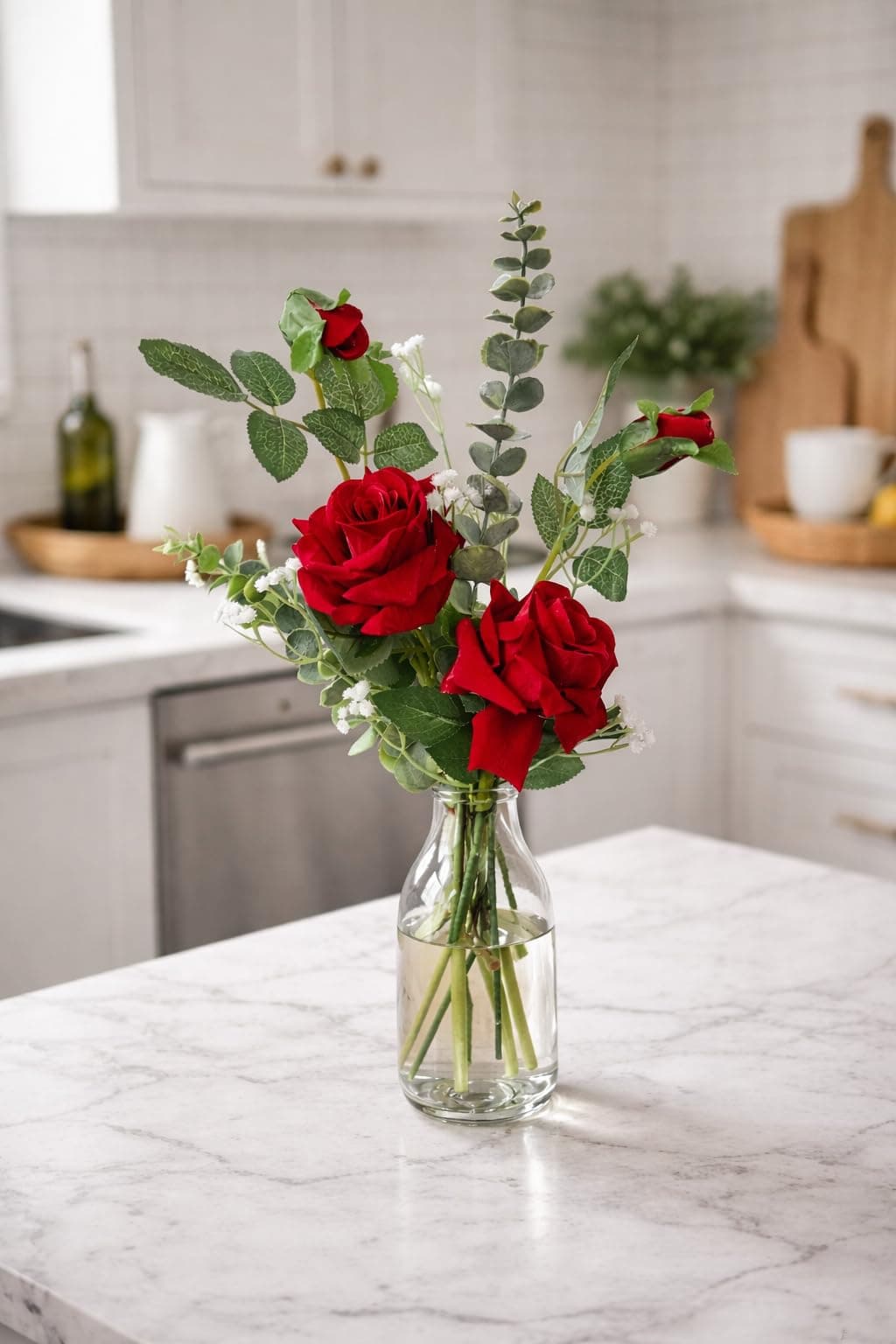 Artificial Red Rose Bunch with Eucalyptus & Gypsophila
