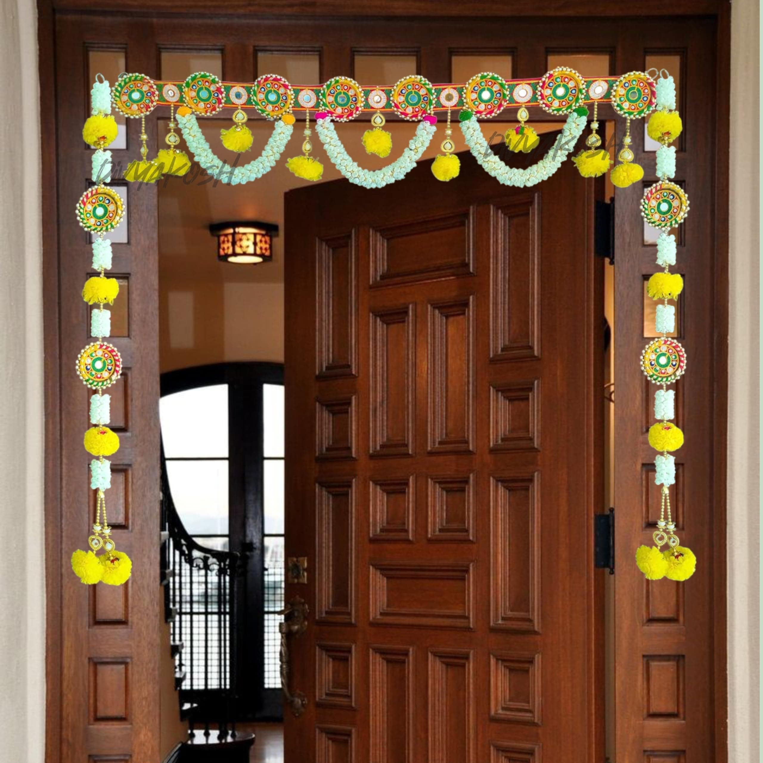 Embroidery Pom Pom Mogra Flower Toran with Side Hangings