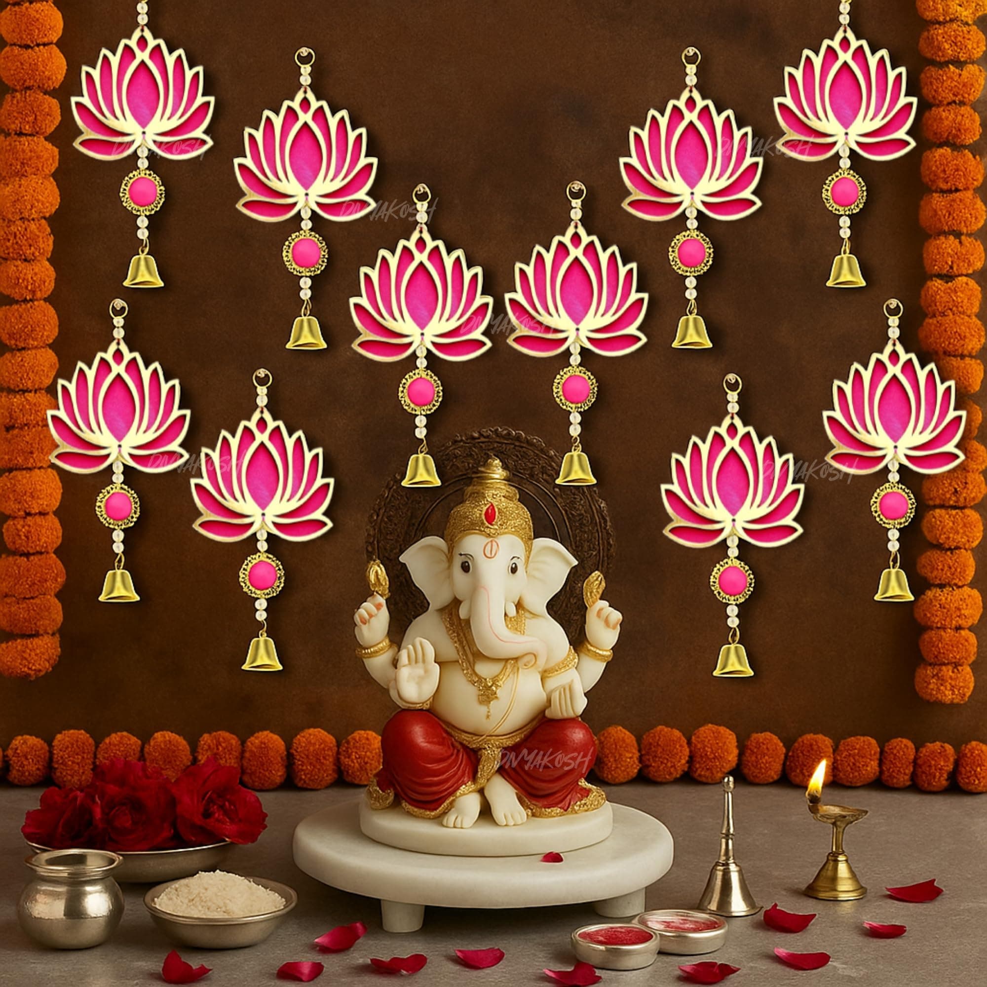 Fabric & Beads Pink Lotus Hangings — Pack of 10 (9 Inch)