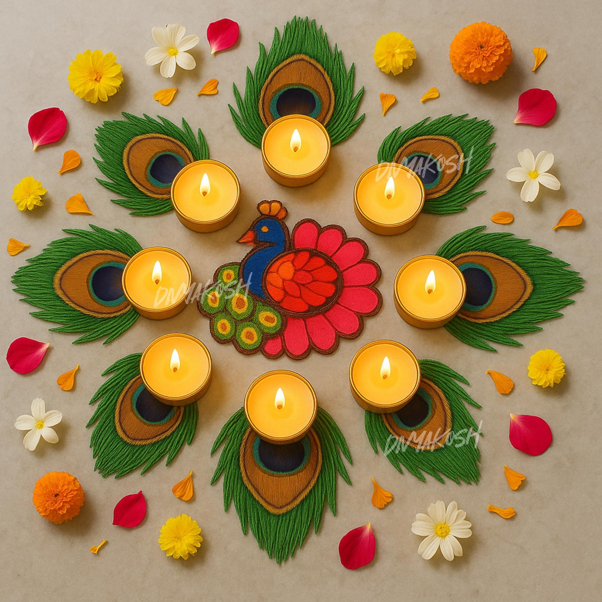 Peacock Tealight Candle Holder Set of 9